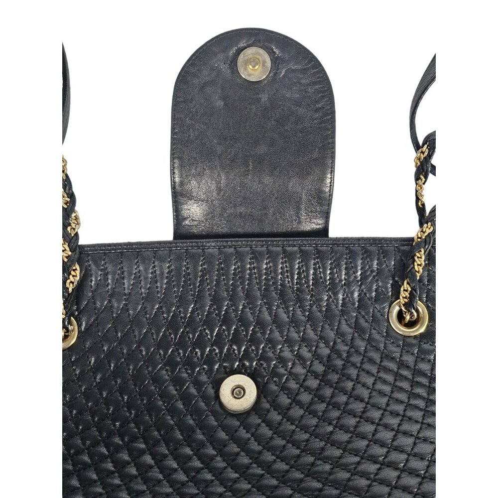 Bally Quilted Black Leather Shoulder Bag Chain Accents Leather Strap - Picture 10 of 13